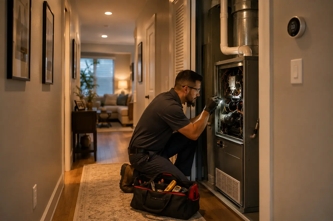 Technician inspecting a gas furnace during a fall tune-up before the first cold Phoenix night