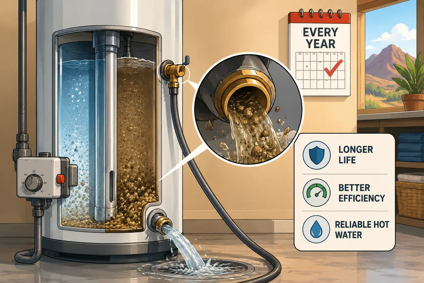 Cutaway of a water heater showing hard-water sediment on the tank bottom draining out during an annual flush