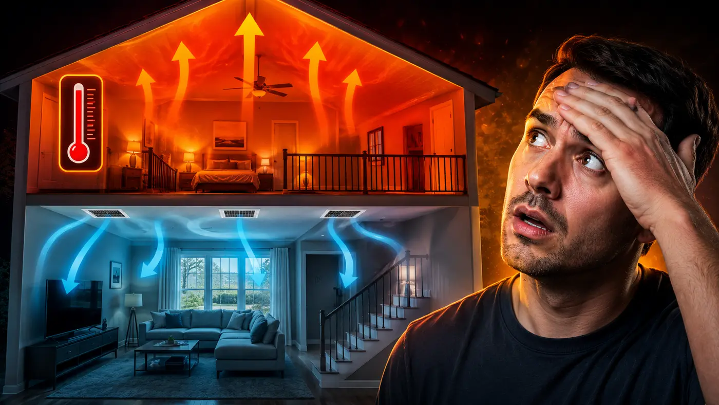 Cutaway of a two-story Phoenix home showing heat building on the upper floor while the lower floor stays cool